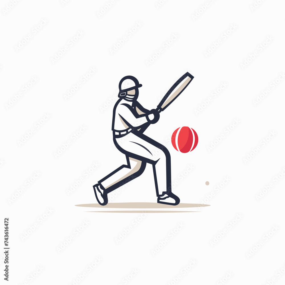 Cricket player with bat and ball in action. Vector illustration.