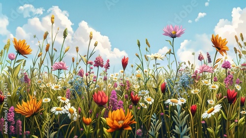 scene nature flora sunny countryside illustration meadow flower, plant outdoor.