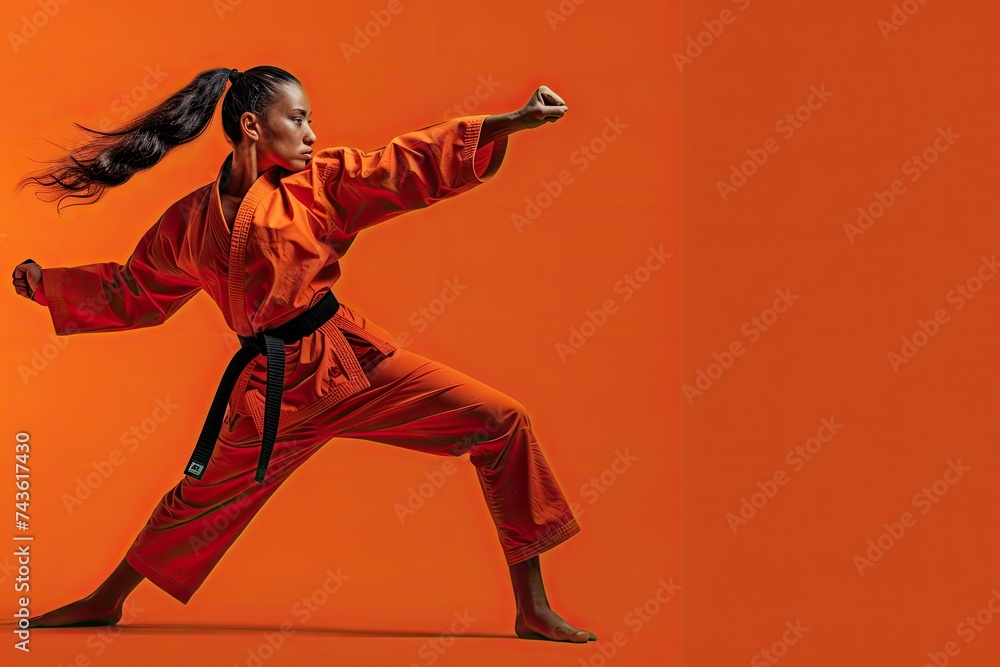 A woman practicing martial arts capturing the discipline and skill in female self-defense. A woman practicing martial arts capturing the discipline and skill in female self-defense.