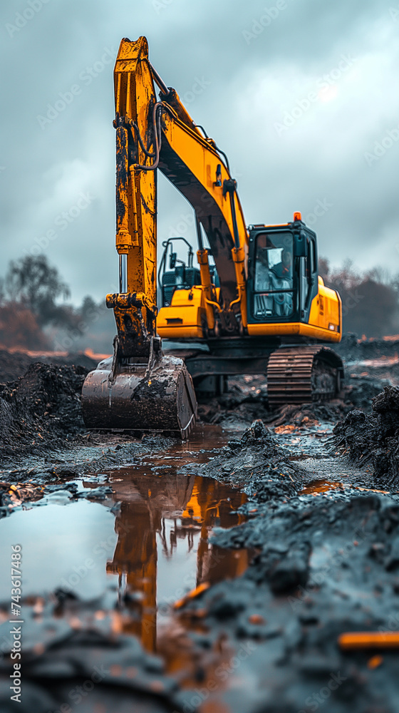 Yellow excavator scooping up dirt and debris at construction site