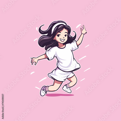 Cute little girl running and jumping. Vector cartoon character illustration.