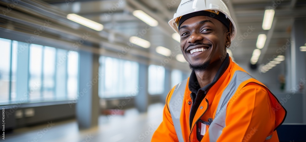 Portrait of satisfied construction site manager wearing safety vest and blue helmet with copy space Portrait of satisfied construction site manager wearing safety vest and blue helmet with copy space