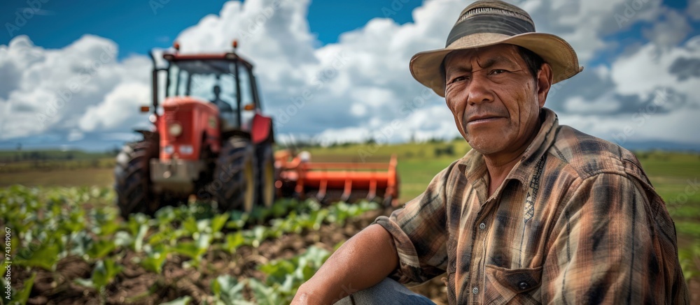 Portrait a farmer with tractors working on the wide field farm. AI generated image
