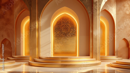 luxury 3d islamic display podium with arched doorways golden background. islamic podium banner for product display, presentation, cosmetic, ramadan sales.
