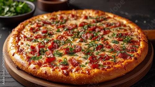 Delicious hot pizza presented on a sleek black wooden tabletop, witth perfectly melted cheese, and a golden, crispy crust. Copy space for text