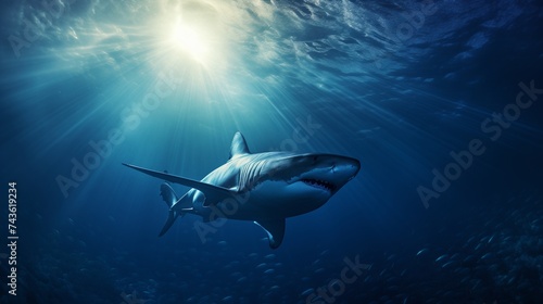 An awe-inspiring underwater scene featuring a powerful and majestic shark gliding through the clear ocean depths. 