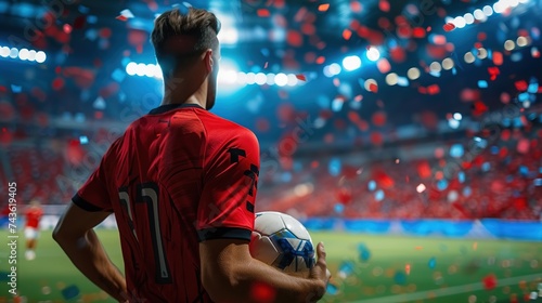 close up back view a soccer football player in red team concept holding soccer ball in the stadium
