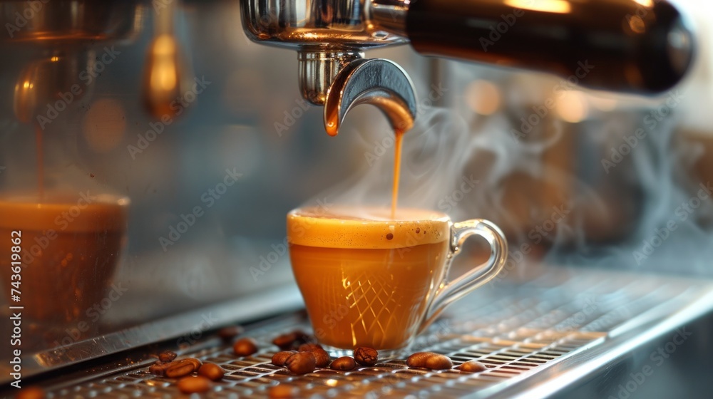 Illustration of a coffee machine gracefully pours freshly brewed coffee into an espresso cup. Rich aroma, steam and precise pouring emphasize the skill and sophistication of coffee preparation. - obrazy, fototapety, plakaty 
