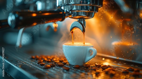 Illustration of a coffee machine gracefully pours freshly brewed coffee into an espresso cup. Rich aroma, steam and precise pouring emphasize the skill and sophistication of coffee preparation.