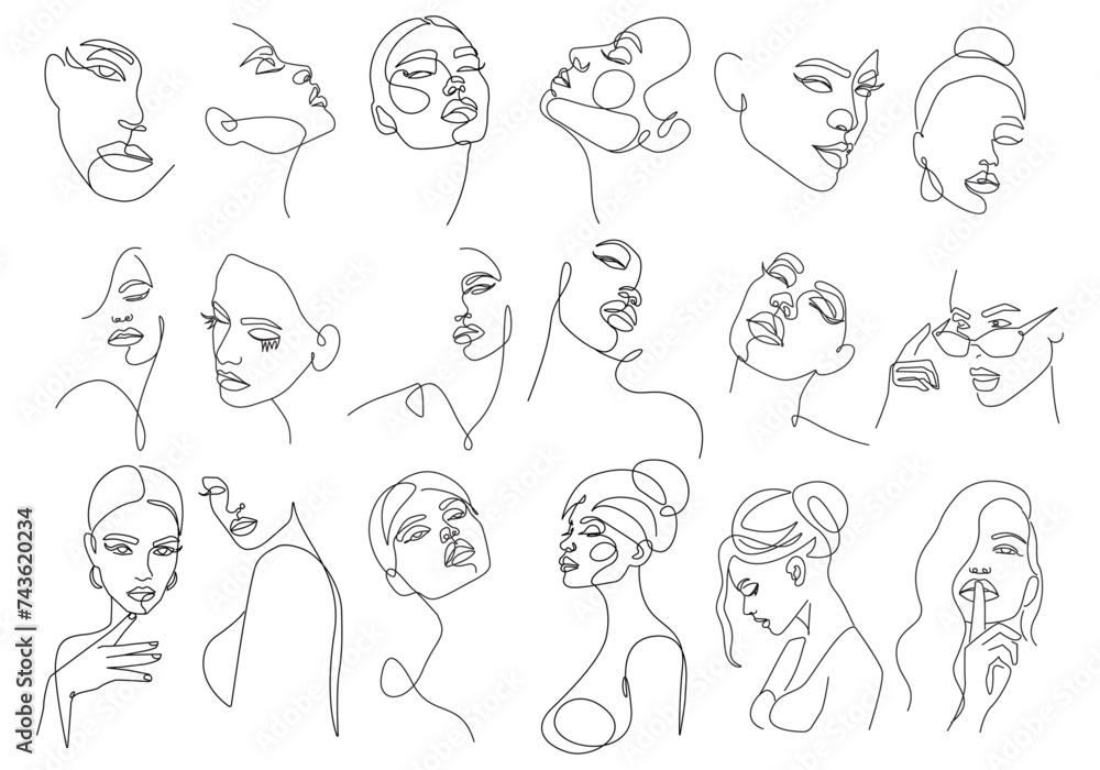Abstract Female Faces Set Continuous Line Drawing. Woman Face, Minimalist Fashion Concept, Female Beauty One Line Art, Vector Illustration. Woman Contemporary Portrait Minimalist Style Abstract Female Faces Set Continuous Line Drawing. Woman Face, Minimalist Fashion Concept, Female Beauty One Line Art, Vector Illustration. Woman Contemporary Portrait Minimalist Style