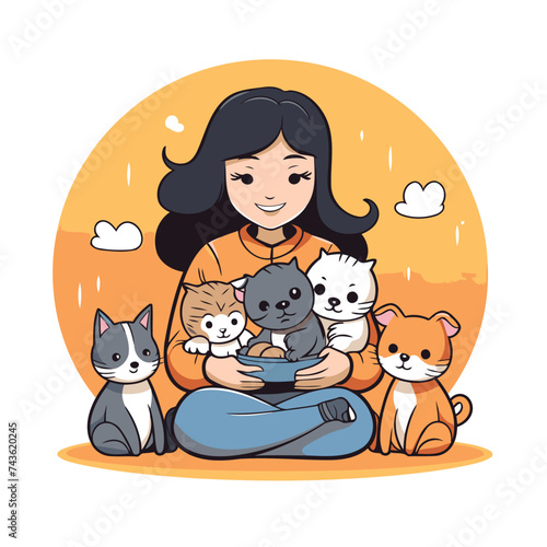 Cute cartoon girl sitting with cat and dog. Vector illustration.