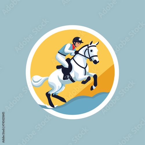 Jockey on horse jumping round icon. Flat style vector illustration.