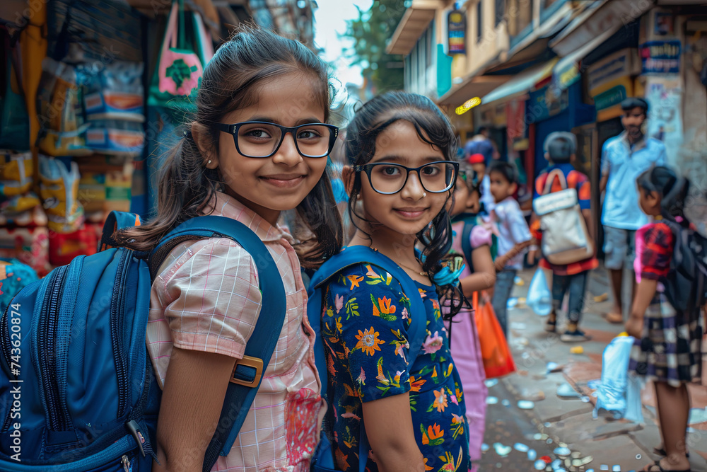 Small indian girls walking home from school. Two happy children on the streets of a city in India, with schoolbags. Education concept for kids Small indian girls walking home from school. Two happy children on the streets of a city in India, with schoolbags. Education concept for kids