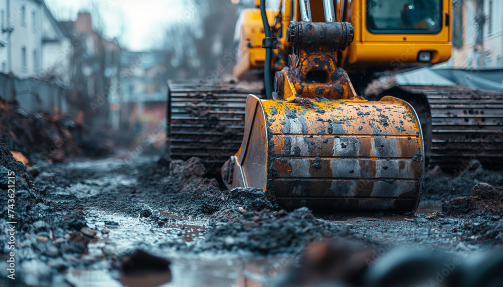 Yellow excavator scooping up dirt and debris at construction site Yellow excavator scooping up dirt and debris at construction site