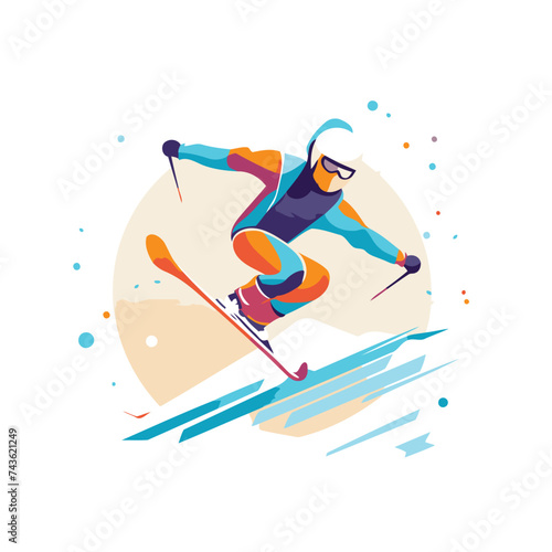 Skiing. Vector illustration in flat style on white background.