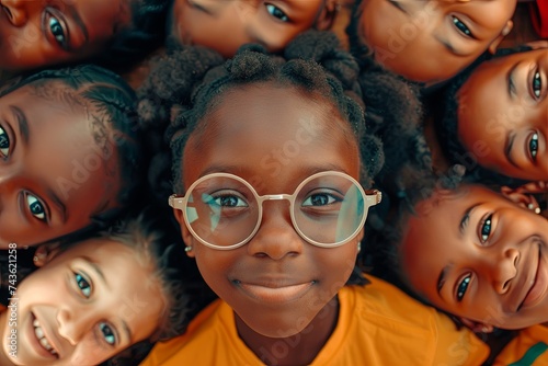 Close-up of cheerful kids laying in a circle, smiling at the camera. Portrait Of Happy Multi-Cultural black african or american Children, boys and girls
