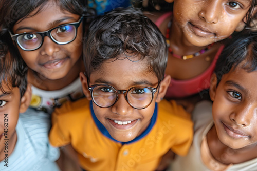 Close-up of cheerful kids laying in a circle, smiling at the camera. Portrait Of Happy Multi-Cultural indian Children, boys and girls