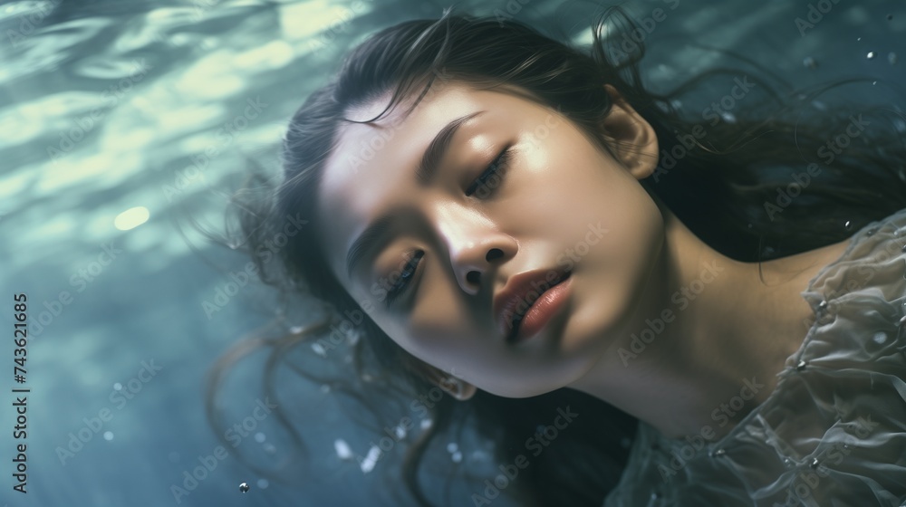 An enchanting image captures the ethereal beauty of a young Asian woman submerged underwater in the vast sea. 