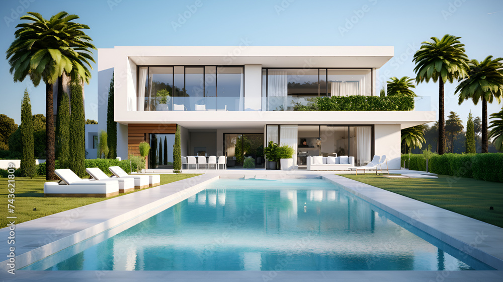 luxury home on the beach, 3d rendering of a modern mediterranean villa with pool, 3D rendering of a house, architecture draft of a luxury house 3D render of white modern house with swimming pool on 
