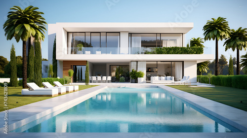 luxury home on the beach, 3d rendering of a modern mediterranean villa with pool, 3D rendering of a house, architecture draft of a luxury house 3D render of white modern house with swimming pool on 