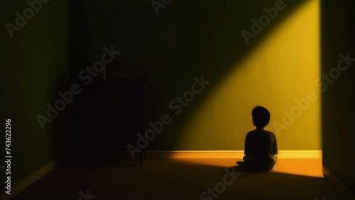 A child cowering in the corner of a room fearful of an unknown presence. Psychology art concept. . photo