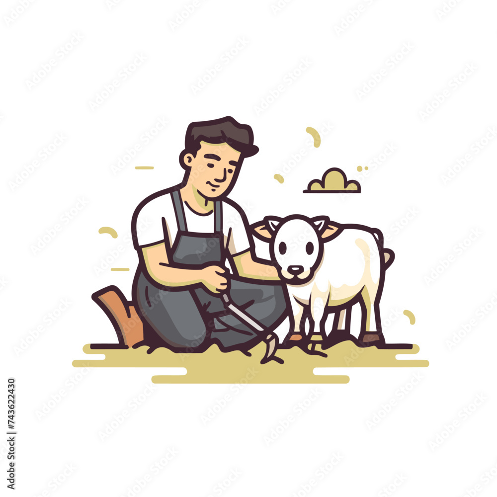 Farmer with a sheep. Animal husbandry. Vector illustration.