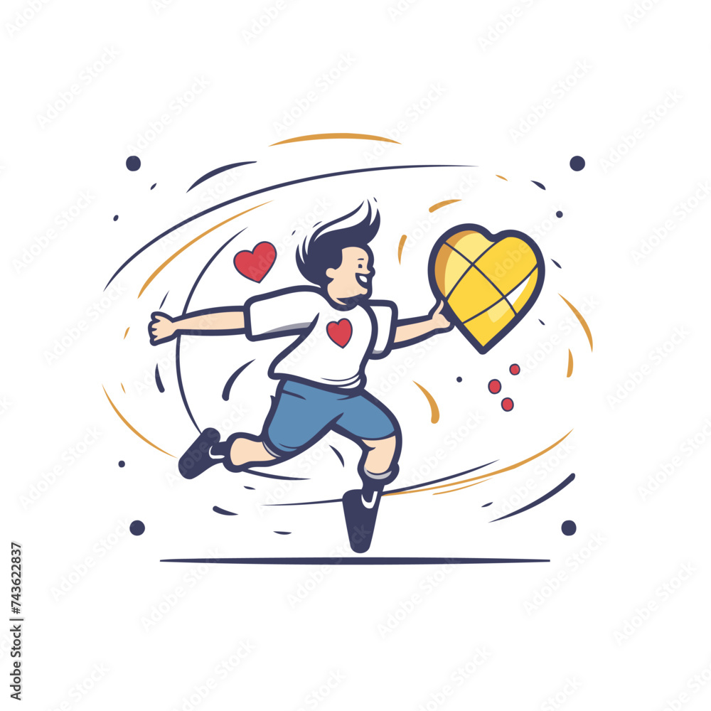 Running man with a heart in his hands. Vector illustration on white background.