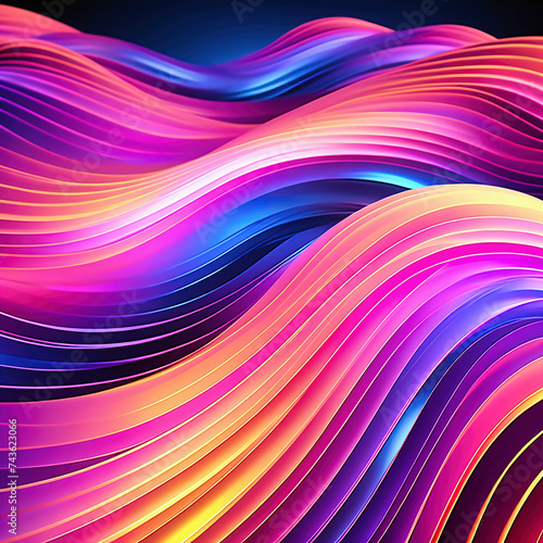3d . Abstract panoramic background of twisted dynamic neon lines, in wave form