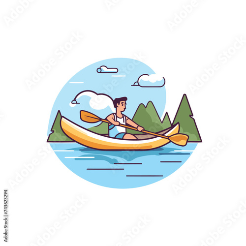 Man in a kayak on the lake. Flat vector illustration.