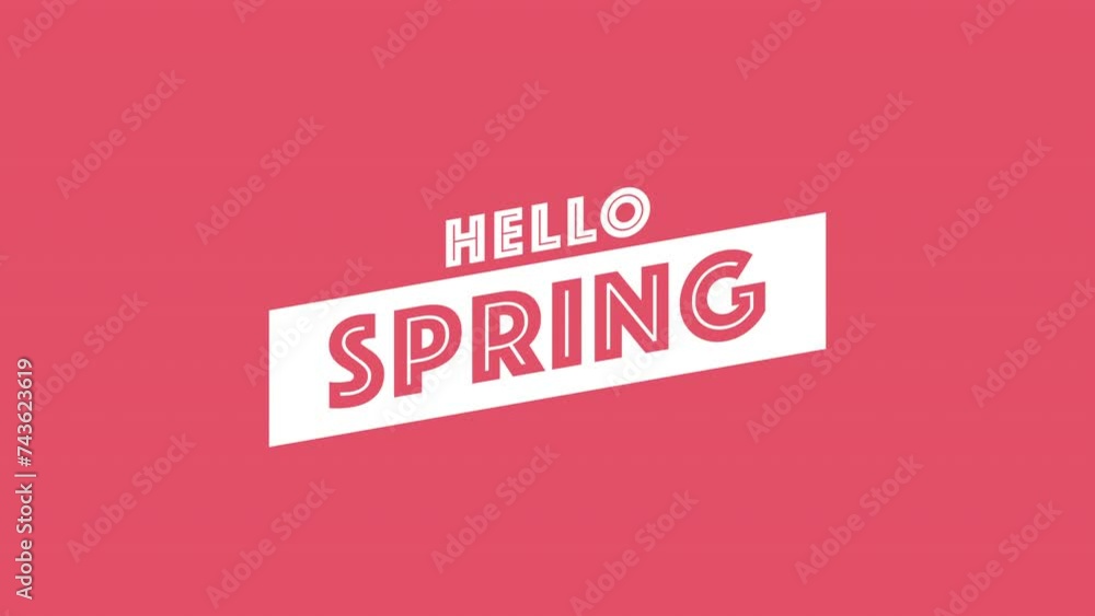 A vibrant poster promoting the arrival of spring, featuring the words Hello Spring in red with a white font and red outline, set against a pink background A vibrant poster promoting the arrival of spring, featuring the words Hello Spring in red with a white font and red outline, set against a pink background