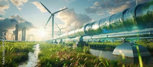 Eco friendly energy with hydrogen pipeline green factory with wind turbines. AI generated image