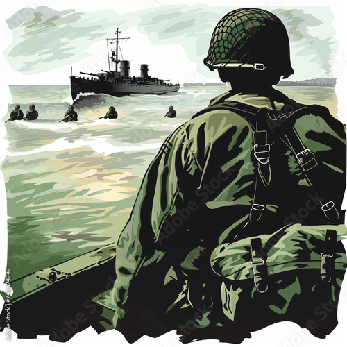 D-Day normandy landing 1944, WWII landing crafts and soldier on the beach, 80th anniversary