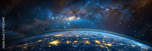 Surface of Earth planet in deep space. Outer dark space wallpaper. Night view on planet with cities lights