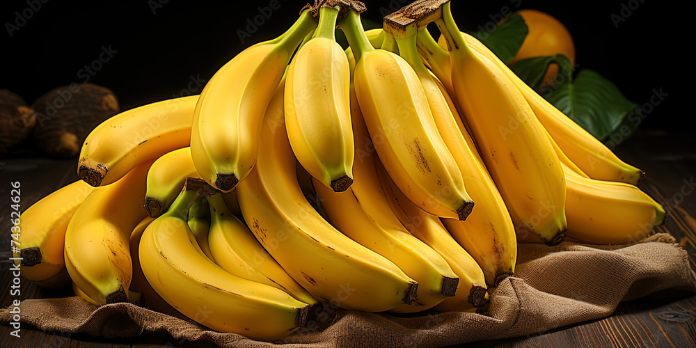 A mature banana, comfortably hiding on a dark wooden table, like a forbidden fruit in the garden