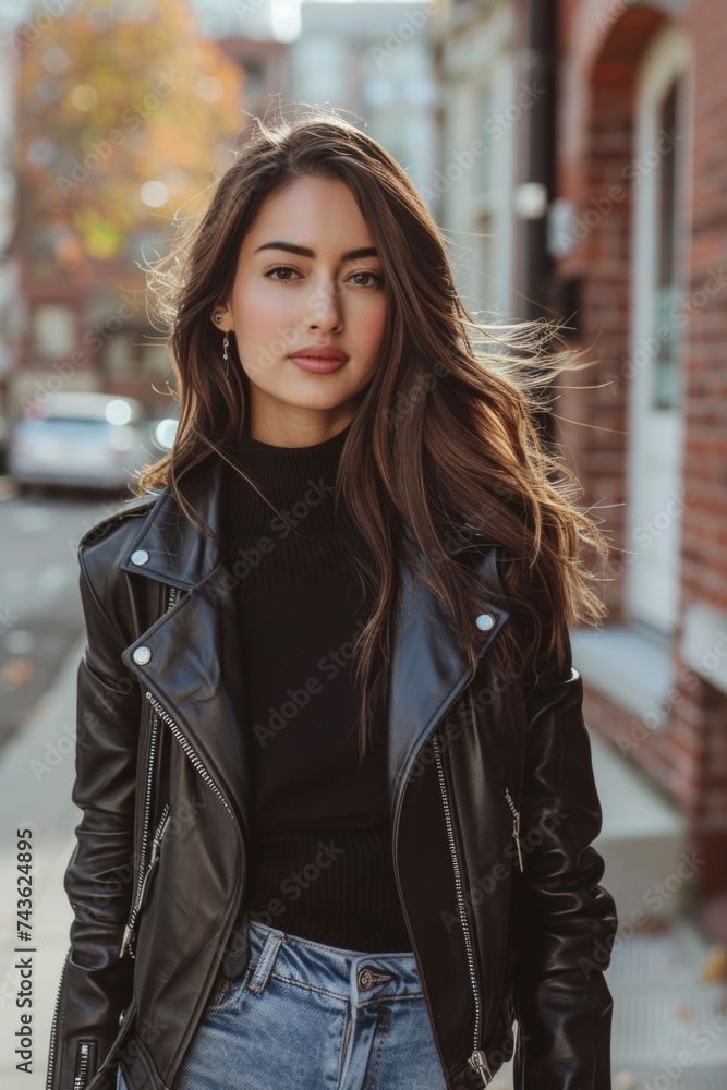 Statement leather jacket worn by a female model lifestyle photo shoot Statement leather jacket worn by a female model lifestyle photo shoot