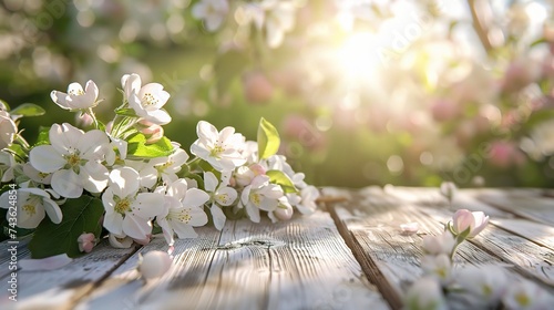 Fototapeta Naklejka Na Ścianę i Meble -  Spring background with white blossoms and white wooden table. Spring apple garden on the background
