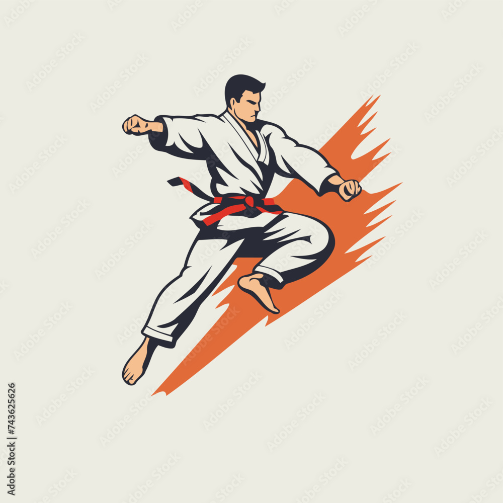 Taekwondo fighter with karate kick. Vector illustration. - obrazy, fototapety, plakaty 