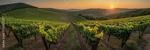 beautiful view of a summer vineyard at sunset. green vineyard rows at sunset