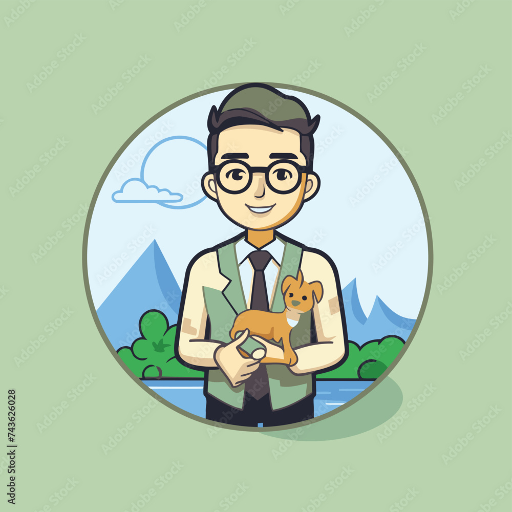 Businessman with a dog in his hands. Vector flat illustration.