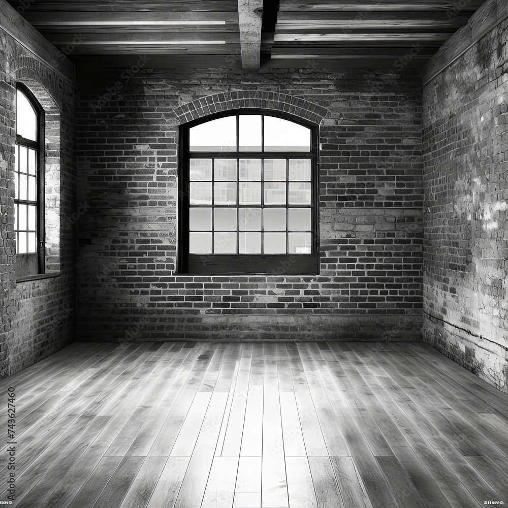 a black and white photo of an empty room with brick walls and wooden floors