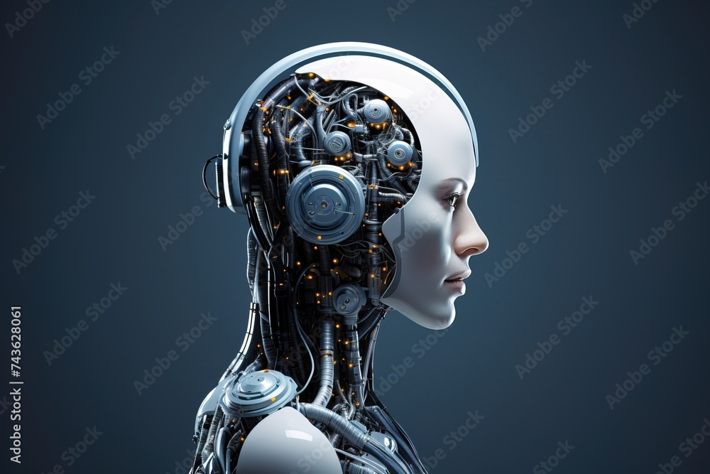 Attractive female robot with artificial intelligence. Futuristic illustration of connection between humans and neural networks Attractive female robot with artificial intelligence. Futuristic illustration of connection between humans and neural networks