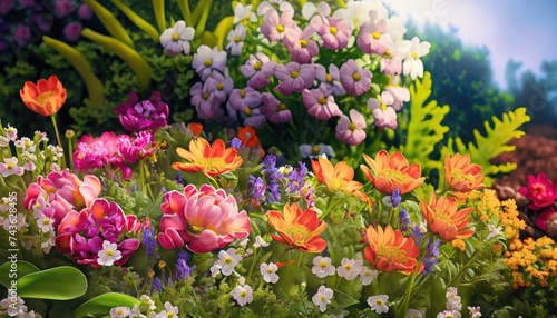 A vibrant, lush garden of spring flowers, bursting with color and life photo
