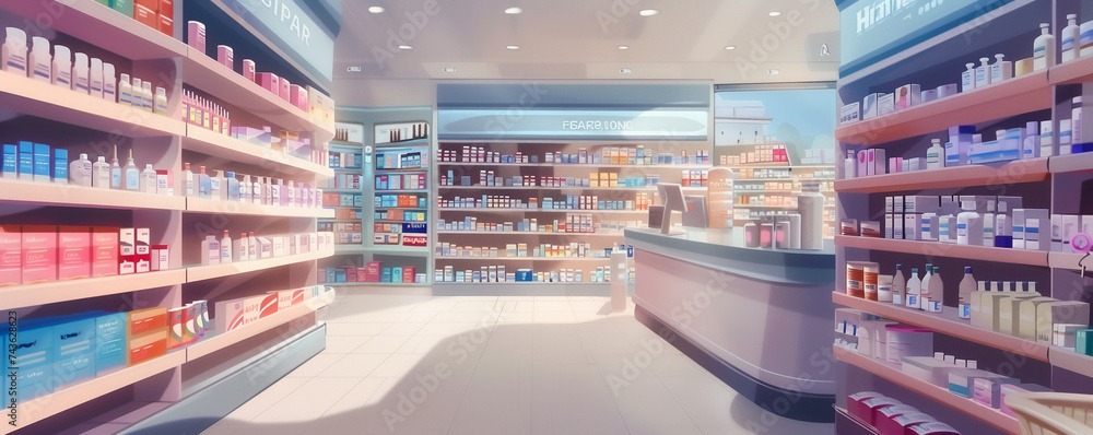 Clinic pharmacy with a wide selection of drugs on shelves emphasizing treatment variation and indoor retail