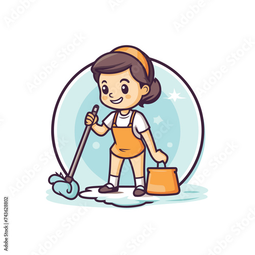 Cleaning lady with mop and bucket. Vector illustration in cartoon style