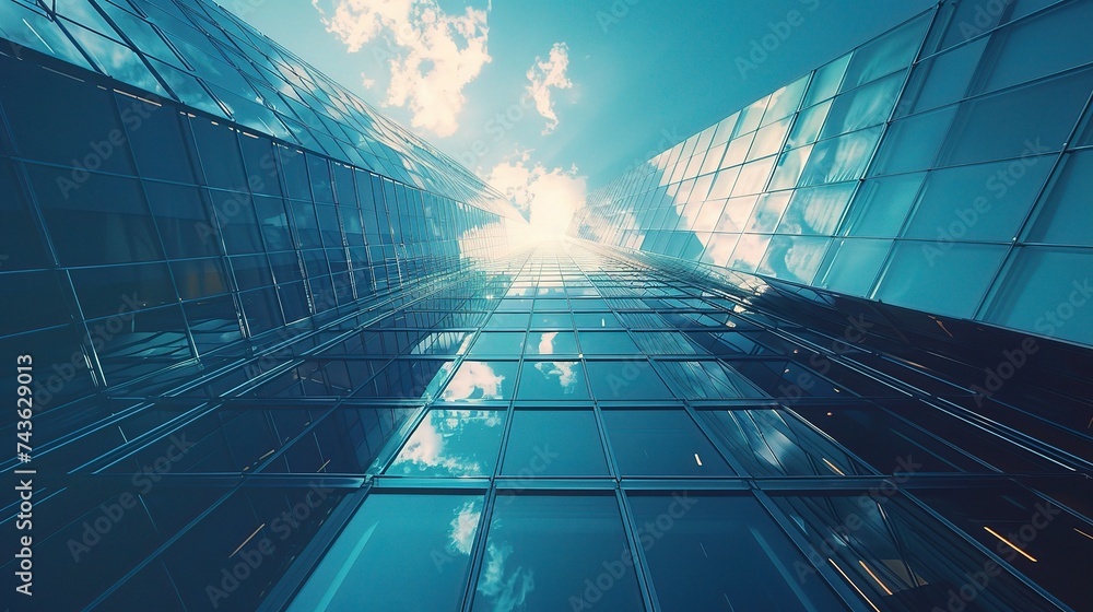 steel light blue background of glass high rise building skyscraper commercial modern city of future