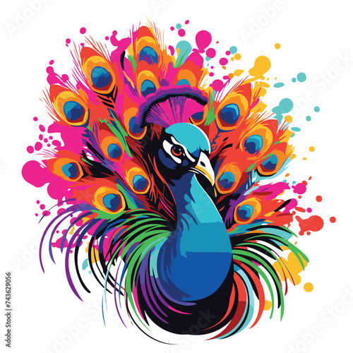 Peacock with colorful feathers on a white background. Vector illustration.