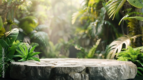 Stone podium table top floor on outdoors blur monstera tropical forest plant nature background