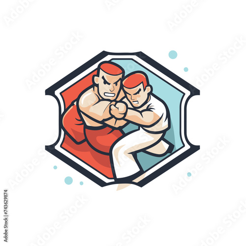 Illustration of two judo fighters fighting viewed from front set inside hexagon on isolated background done in retro style.