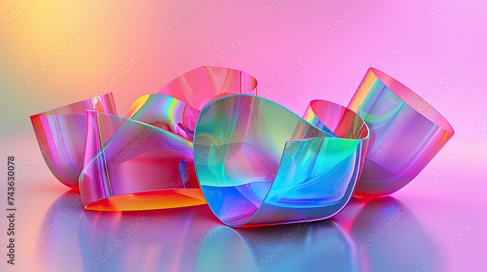 Non-euclidean metamorphosis, minimalistic shapes, in the style of holographic rainbow gradient, with latex textures, realistic usage of light and color Non-euclidean metamorphosis, minimalistic shapes, in the style of holographic rainbow gradient, with latex textures, realistic usage of light and color