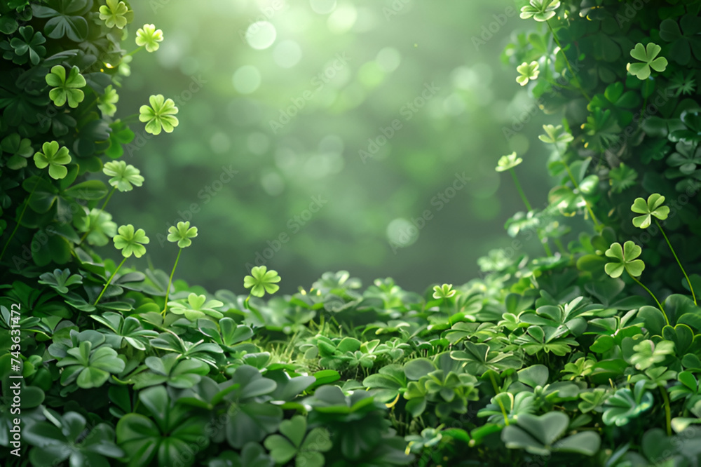 St. Patrick's Day with green four and clover on green bokeh background, card , copy space